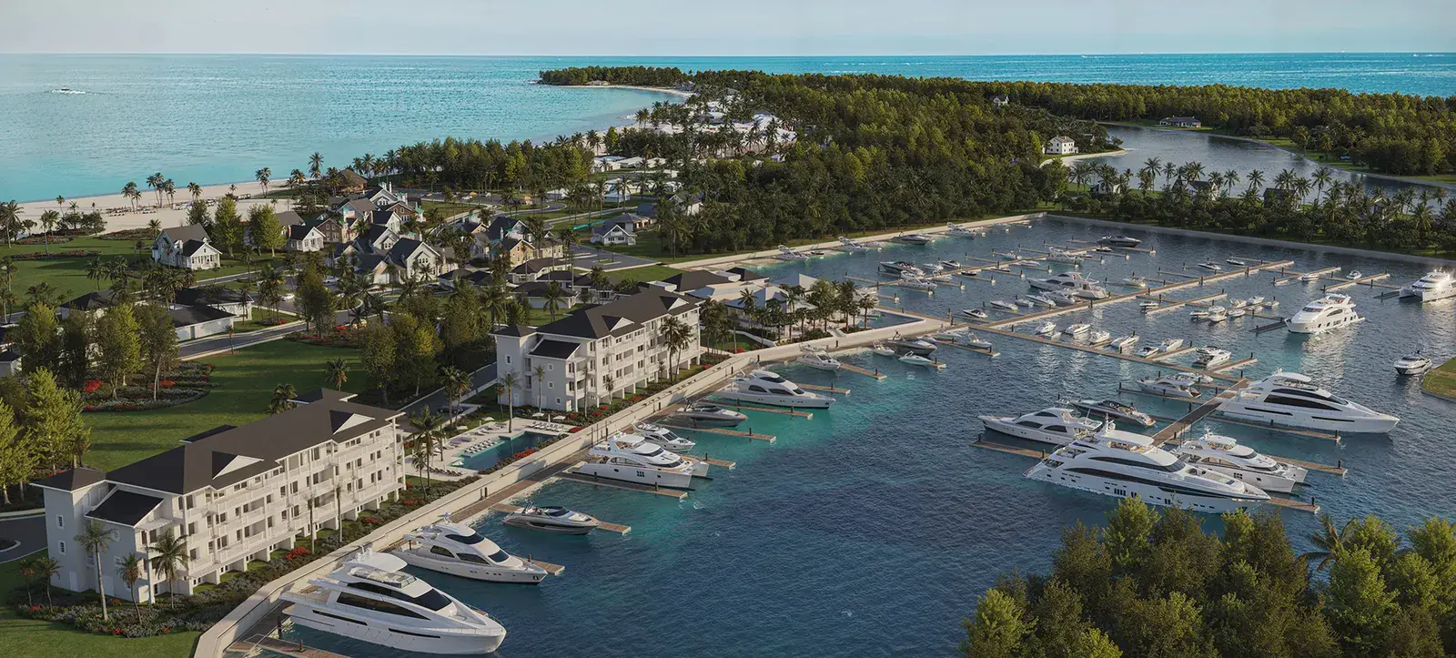 Aerial view of Treasure Cay Marina with yachts docked