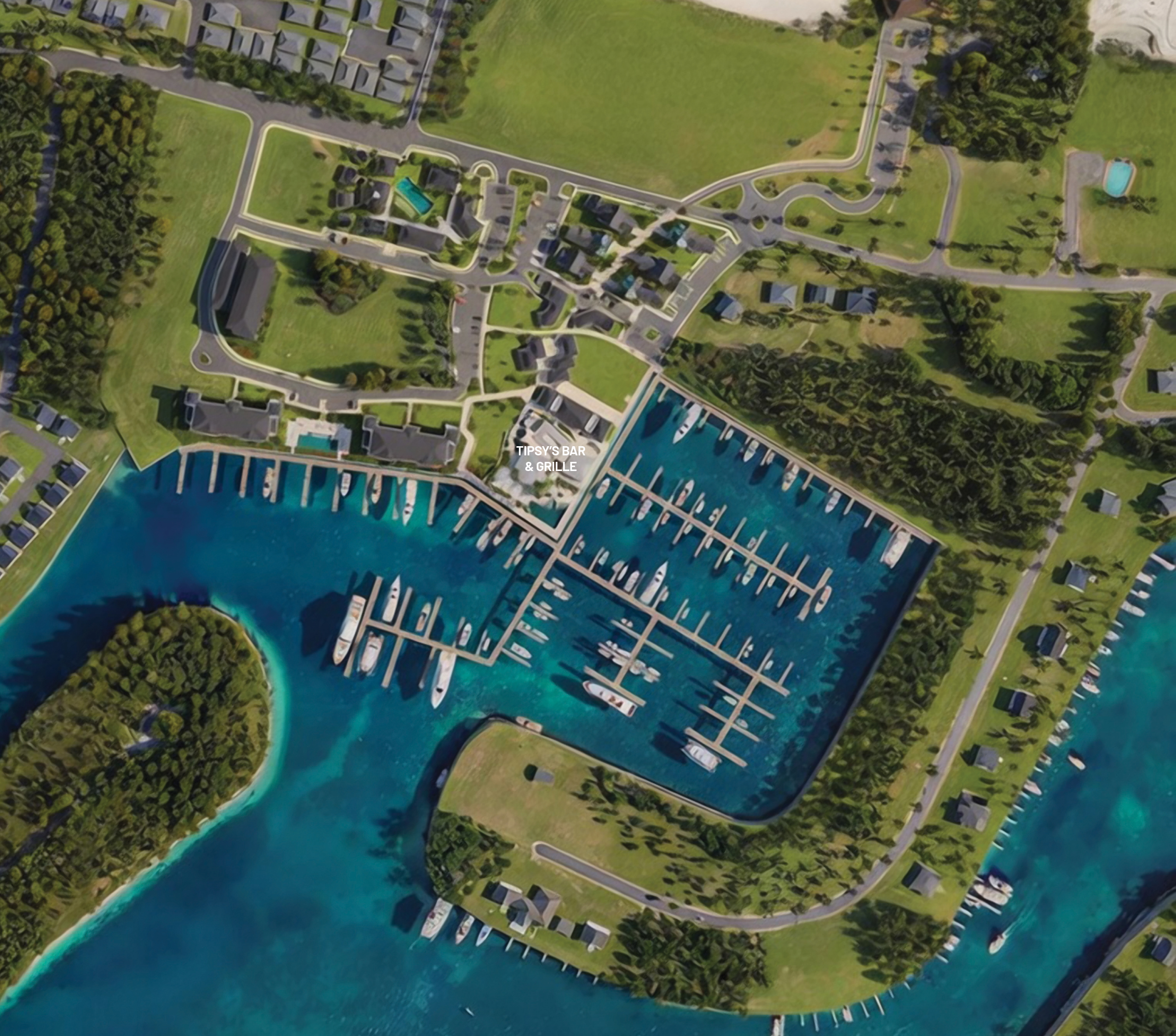 Aerial view of Treasure Cay Marina and Tipsy's Bar & Grille